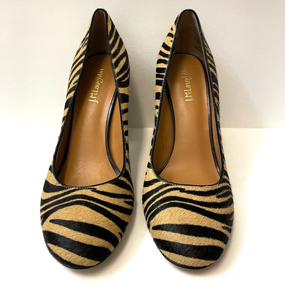 J. McLaughlin Mila Black and Tan Zebra Print Fur Block Heels